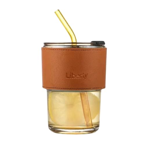 Inarkaa 435ml Bamboo Joint Glass Cup with Leather Sleeve, Lid & Straw | Borosilicate Glass Sipper Tumbler for Coffee, Tea, Juice & Smoothies | Hot & Cold | Home, Office & Travel