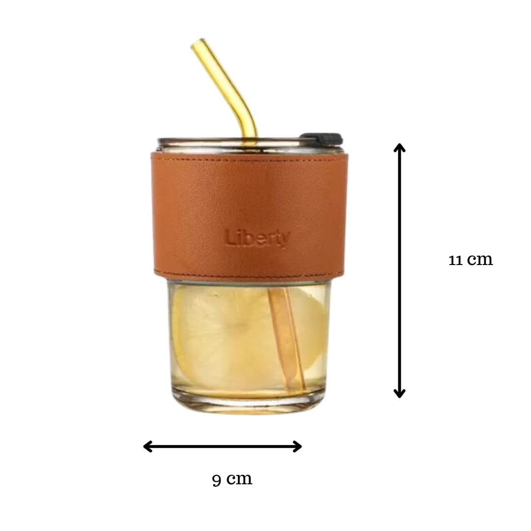 Inarkaa 435ml Bamboo Joint Glass Cup with Leather Sleeve, Lid & Straw | Borosilicate Glass Sipper Tumbler for Coffee, Tea, Juice & Smoothies | Hot & Cold | Home, Office & Travel thumbnail 4