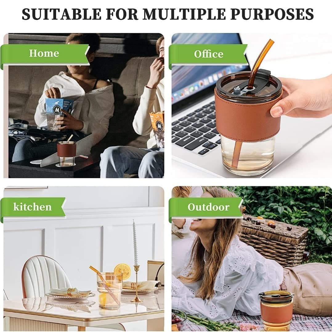 Inarkaa 435ml Bamboo Joint Glass Cup with Leather Sleeve, Lid & Straw | Borosilicate Glass Sipper Tumbler for Coffee, Tea, Juice & Smoothies | Hot & Cold | Home, Office & Travel thumbnail 5