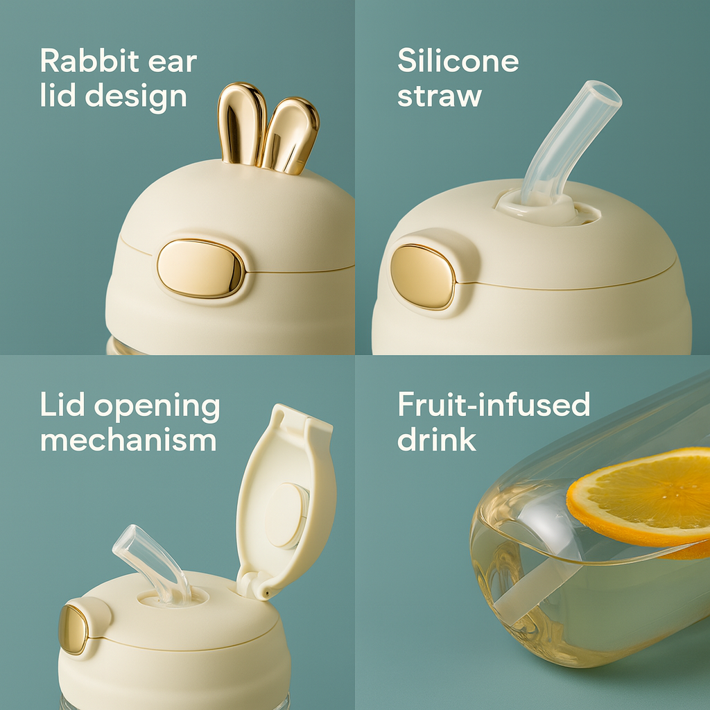 Inarkaa 350ml Rabbit Straw Cup | Cute Bunny Lid Glass Sipper for Kids | Leak-Proof BPA-Free Tumbler for Milk, Juice & Water | School, Home & Travel thumbnail 5